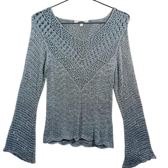 Joanna USA - y2k Crochet Knit Top Bell Sleeve V Neck Light Blue - Womens S/M - Picture 1 of 10